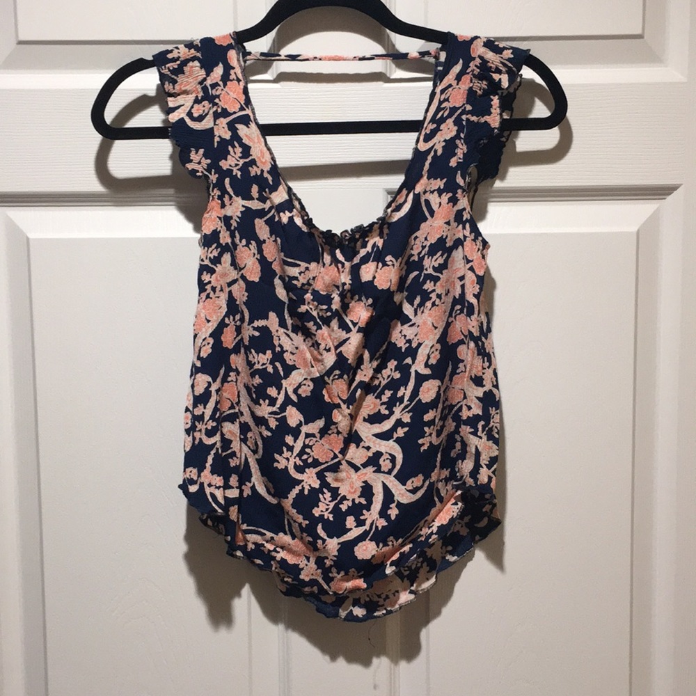 Ruffled Sleeve Navy & Salmon Floral Shirt